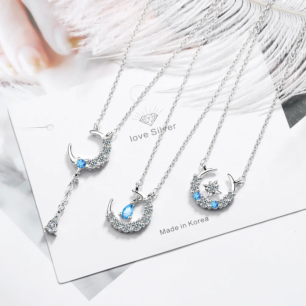 

925 Sterling Silver Crystal Star Moon Charm Necklace Pendant Christmas Jewelry For Women Wedding choker dz156