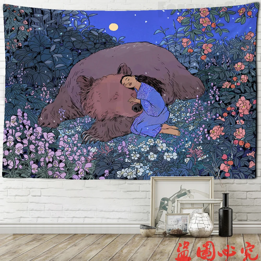 

Mysterious Forest Tapestry Wall Hanging Flower Jungle Animal Moon Ocean Landscape Illustration Tapestry for Home Room Decor