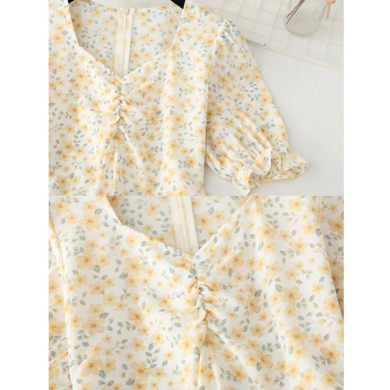 

Elegant Midi Dress Women's 2021 New Floral Print V-neck Split Slim Sweet Chiffon Dresses Summer Vintage Office Lady Dress