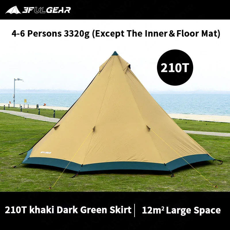 Фото Палатка-пирамида 3F UL GEAR, уличная, на 4-6 человек, большая, 40D/210T, ветрозащитная, Всесезонная, с юбкой от снега №3
