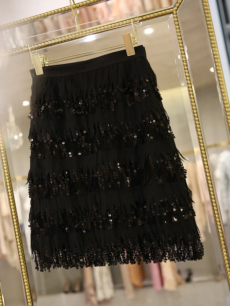 

tassel Sequin mesh Fashion Black crystal medium length cake skirt high waist multi-level