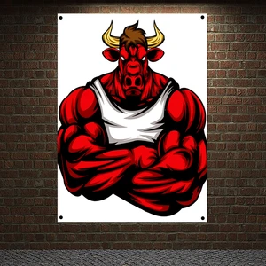 Bull Muscular Body Workout Banner Wall Hanging Inspirational Poster Tapestry 4 Grommets Custom Flag Painting Gym Wall Decoration