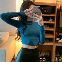new fashion autumn womens wear versatile solid color tight short round neck long sleeve t shirt exposed navel pullover bottomed
