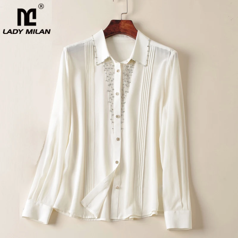 

Женская Тяжелая шелковая рубашка, плиссированная модная блузка с отложным воротником и длинными рукавами, украшенная бисером, топы, 100%