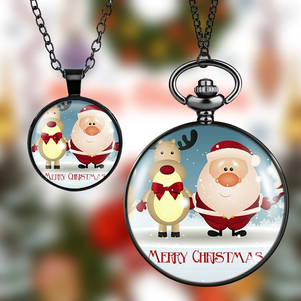 2021 Santa Theme Pocket Watch Women's Cute Quartz Pocket Clock Men's Fashion Alloy Pendant Exquisite Gift Box for Son Child