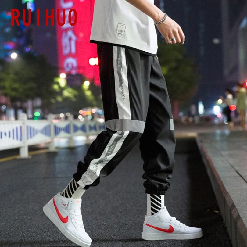 RUIHUO Светоотражающая статья Штаны Для мужчин Японская уличная одежда джоггеры
