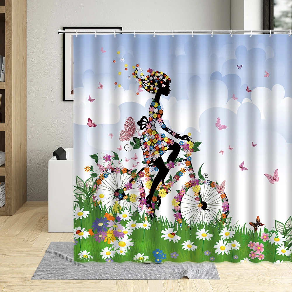 

Flower Butterfly Girl Shower Curtain Waterproof Bathroom Lovely Woman Fairy Bath Curtains Polyester Cloth Home Decor With Hooks