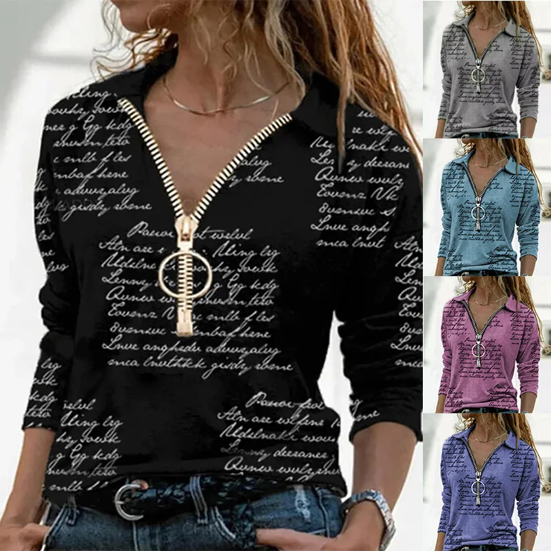

Женский Повседневный пуловер с принтом, свободная куртка на молнии с длинным рукавом и V-образным вырезом, зимняя одежда с отложным воротник...