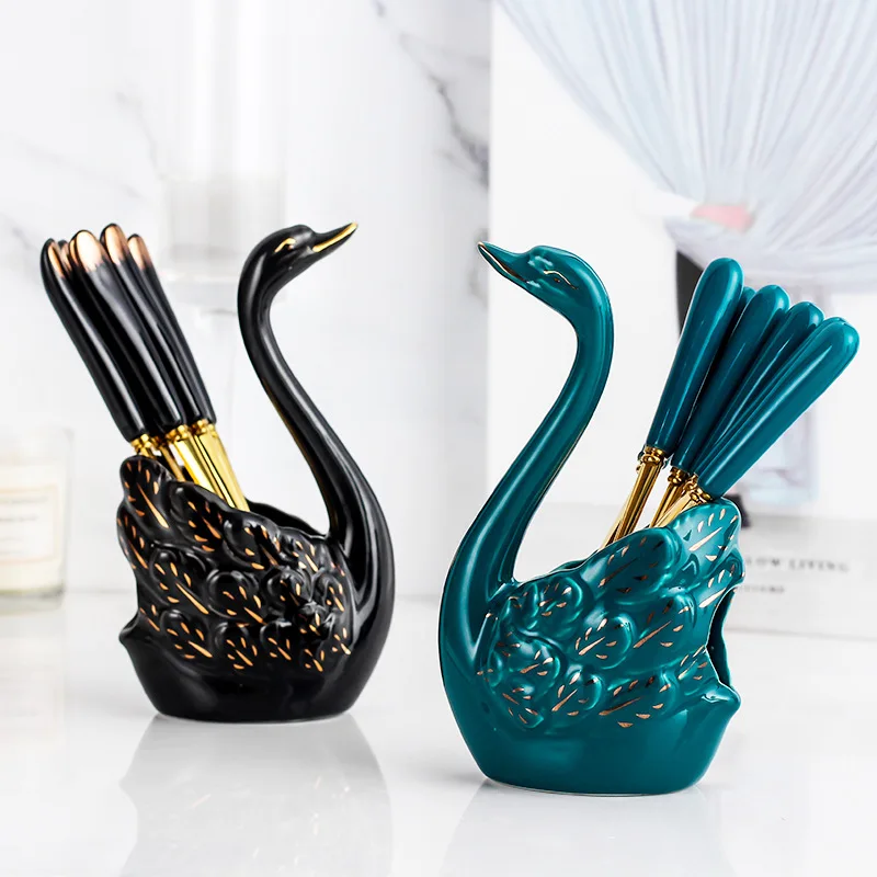 

Fruit Fork Set 6pcs Forks+ceramic swan holder Home Office Cafe Shop Desktop Decoration Accessories Kitchen Tool for Dessert Cake