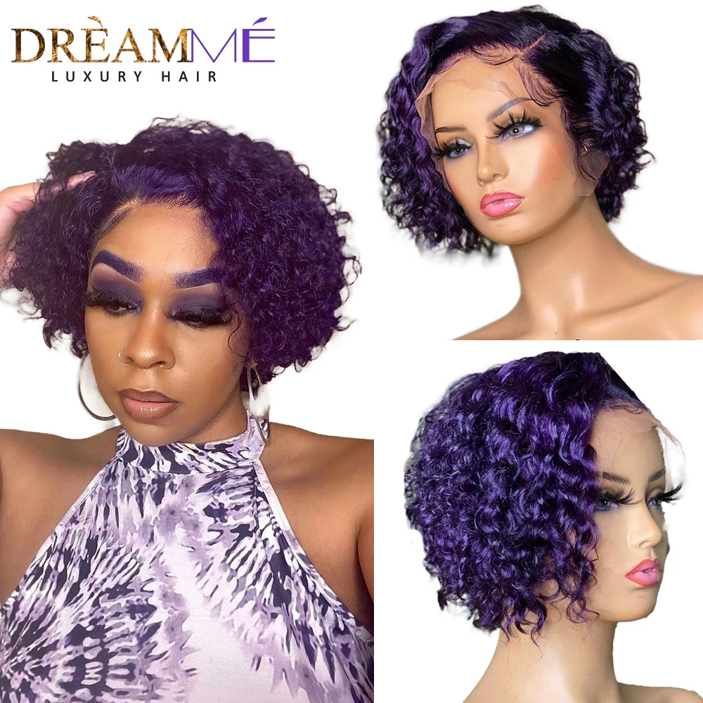 

Pixie Cut Wig Short Curly Human Hair Wigs 13x1 T Part Lace Wigs Purple Colored Deep Wave Wigs Preplucked Hairline For Women 180%