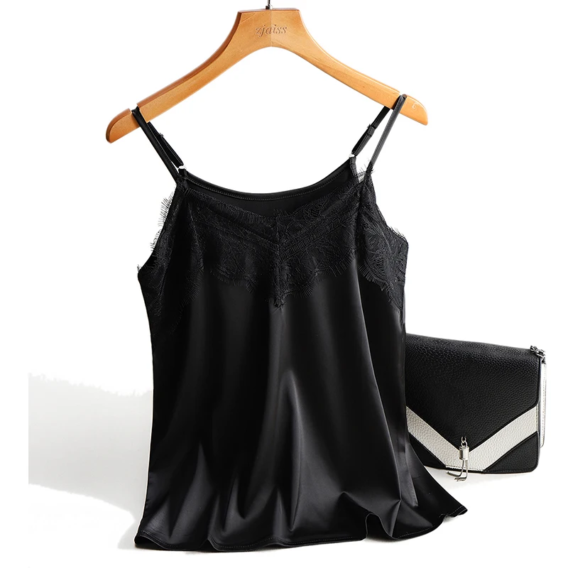 

Sexy Lace Top Women Halter V Neck Basic Cami Sleeveless Satin Silk Tank Tops 2022 Summer Camisole Spaghetti Strap Tee