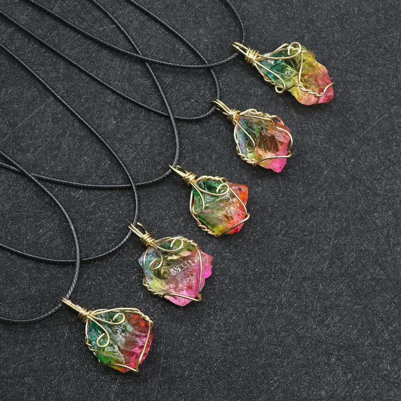 

1Pc New Natural Rainbow Stone Crystal Root Chakra Rock Necklace Golden Plated Quartz Electroplated Colorful Pendant Nice Gift