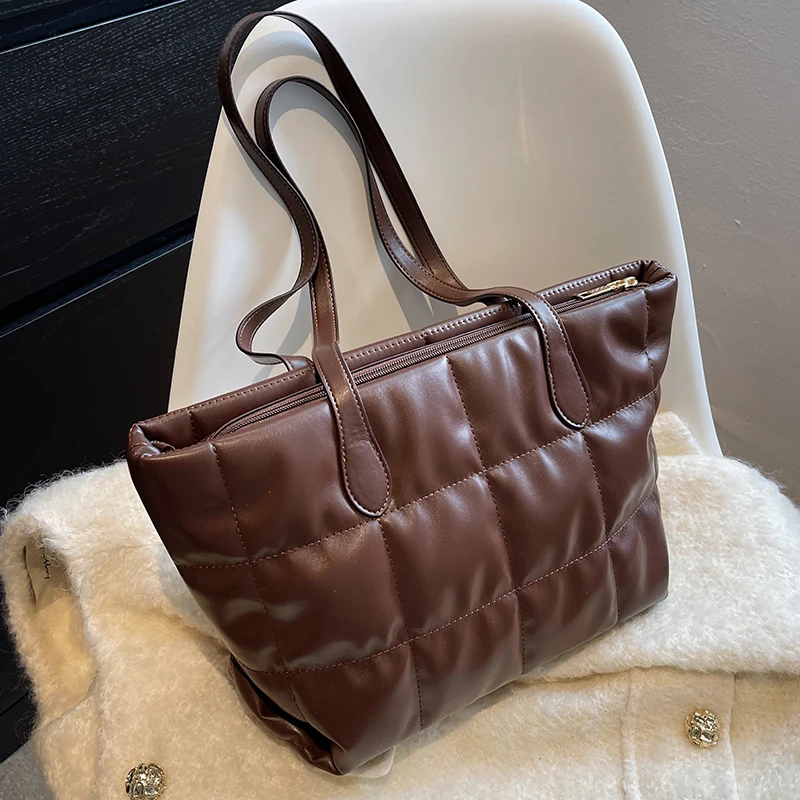 

2021 Winter Brand PU Leather Quilted Padded Big Totes Luxury Women Handbags Lady Soft Shoulder Satchels Bags Trends Brand