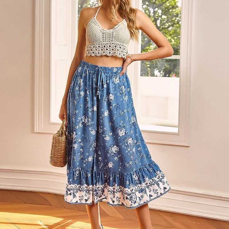 

Summer Women Split Ruffles Ankle-Length Skirt Indie Folk Floral Pleated Skirts with Bandage All-Match Casual Cute New Streetwear