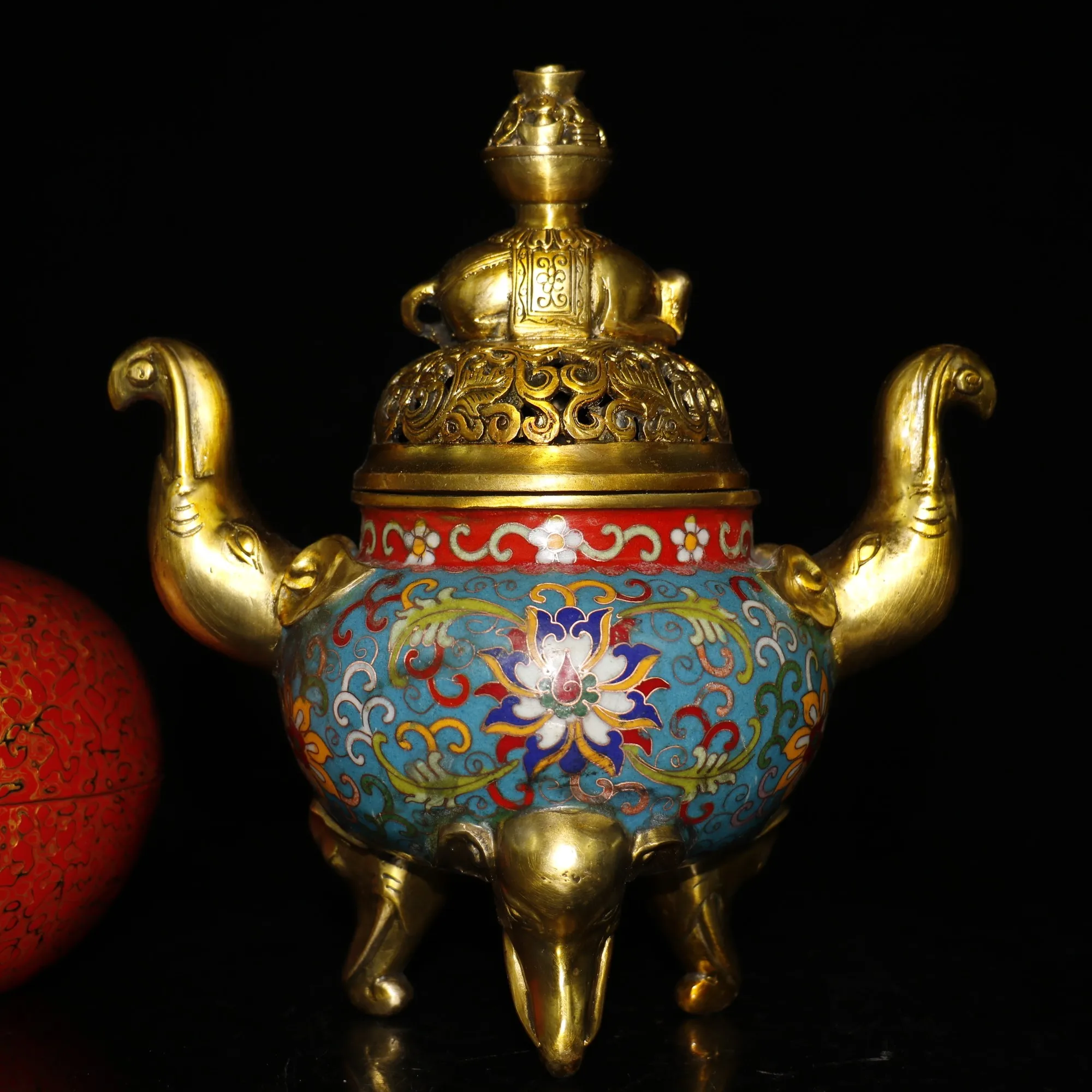 

9"Chinese temple collection Old Bronze Cloisonne Enamel Elephant statue Elephant trunk and ears Three-legged incense burner