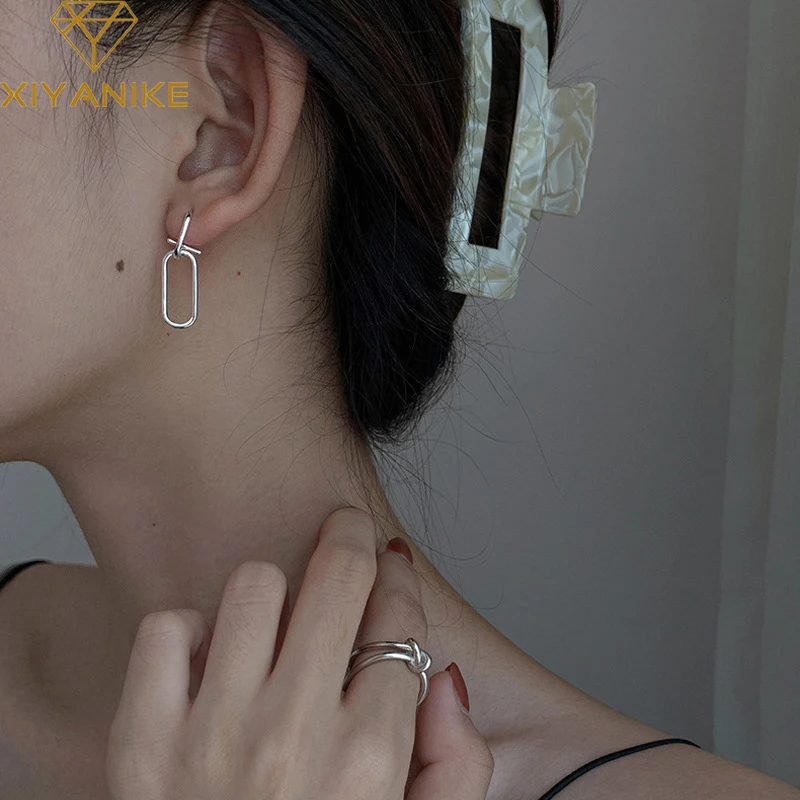 

XIYANIKE 925 Sterling Silver Korean Simple Geometric Semicircle Oval Hollow Line Earrings Fashion Handmade Couple Gift Women