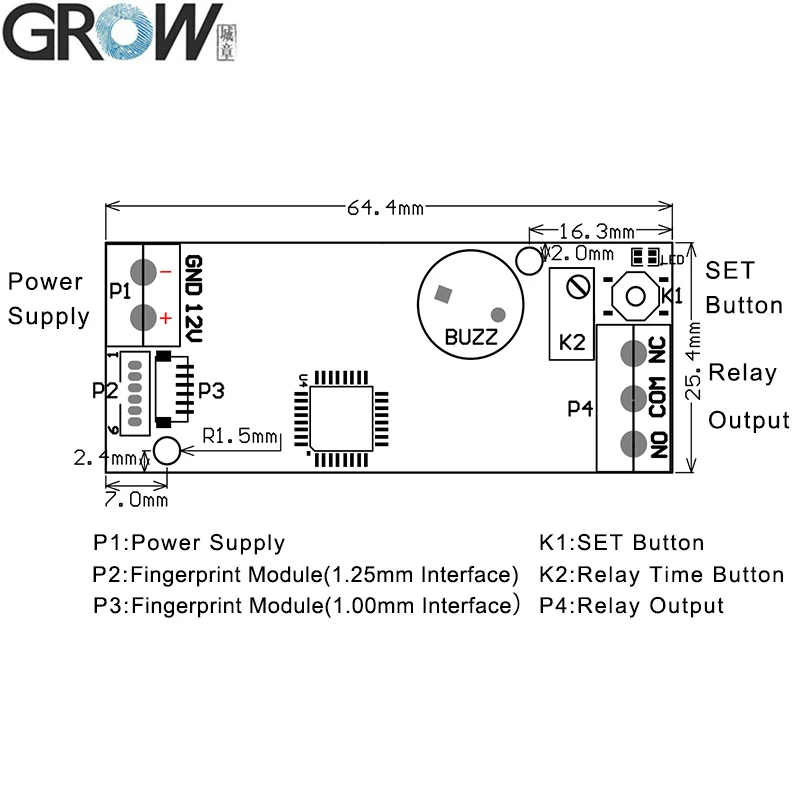 Система контроля доступа и распознавания отпечатков пальцев GROW K202 + R307 DC12 в с