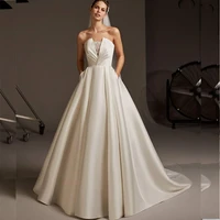 simple wedding dress soft satin with pocket sleeveless beading floor length backless pleat ball gowns vestidos de novia elegant