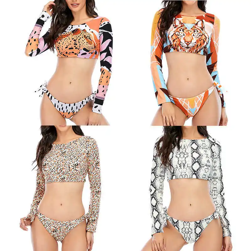 

2021 Sexy Bikini Tanga Set Women Long Sleeve Swimsuit Tiger Leopard Two Pieces Swimwear Beach Dress Bathing Swim Suit Biquini