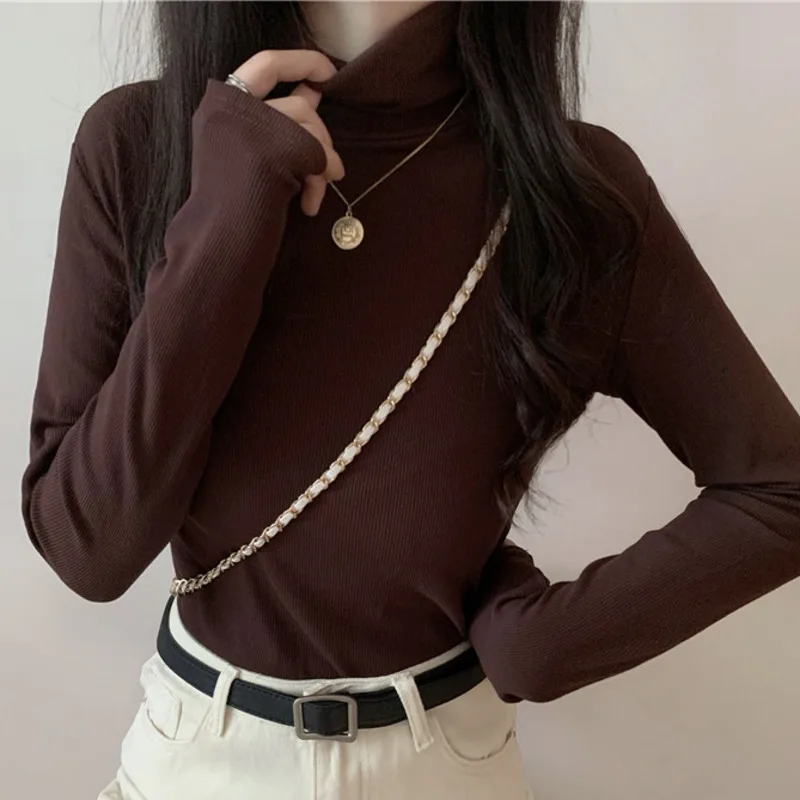 

Autumn and Winter 2021 Coffee Thick High Neck Slim Long Sleeve Bottomed Shirt with T-shirt Women's Top Rac