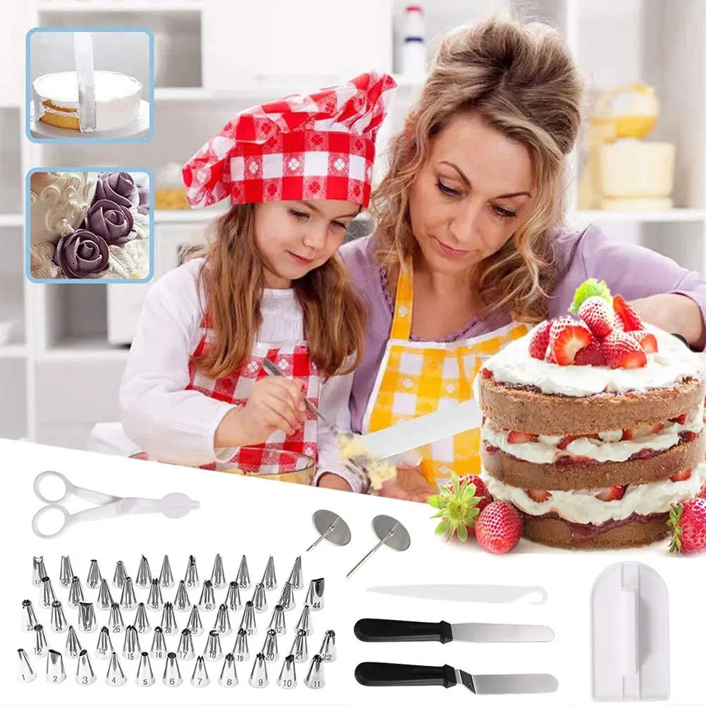 129pcs Cake Decorating Tools Baking Confectionery Kit 50PCS Piping Icing Tips Nozzles Turntable Spatula Fondant Tool # |