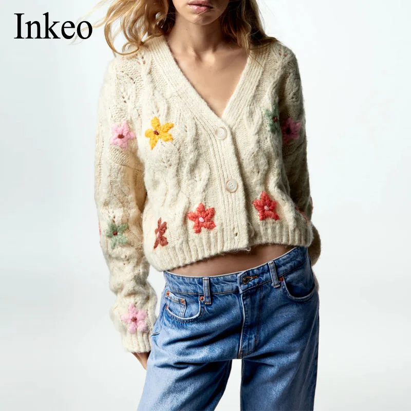 

Fashion Floral Embroidered Cardigan Sweater Women Fall Winter V-neck Lantern sleeve Female Knitted crop tops Jumper INKEO 1O211