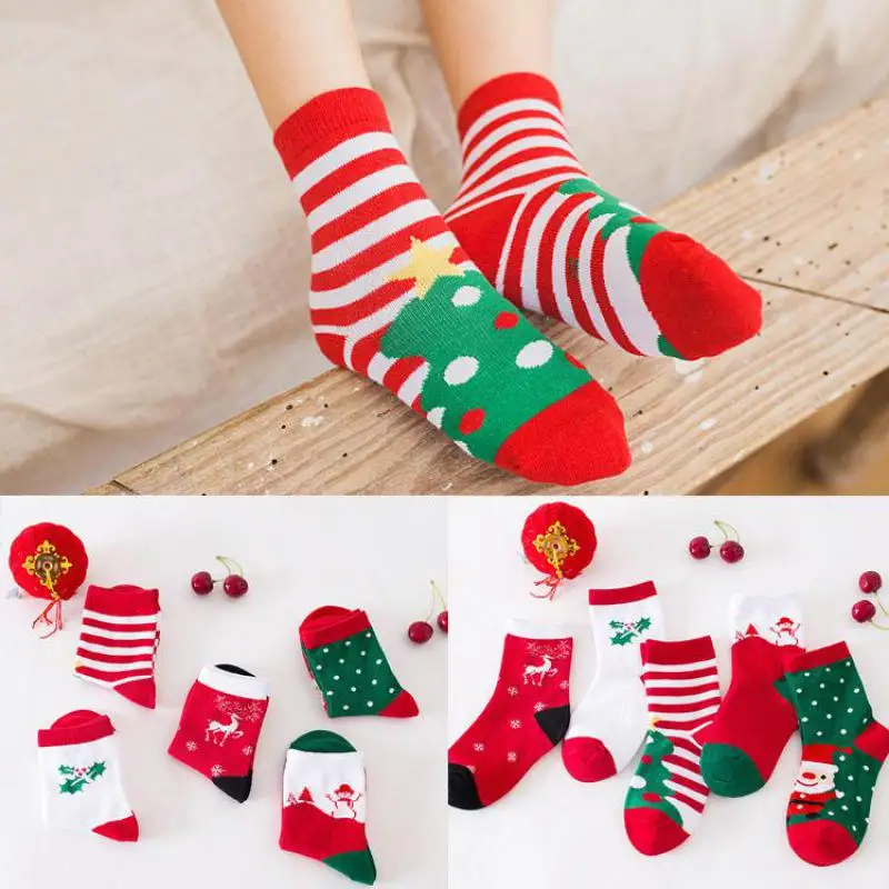 

5 Pcs Christmas Cotton Baby Boys Girls Winter Cartoon Socks Santa Claus New Year Stripe Soft Warm Anti-skid Children Socks 1-12t