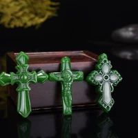 natural green jade cross jesus pendant necklace chinese hand carved fashion charm jewellery amulet for men women lucky gifts