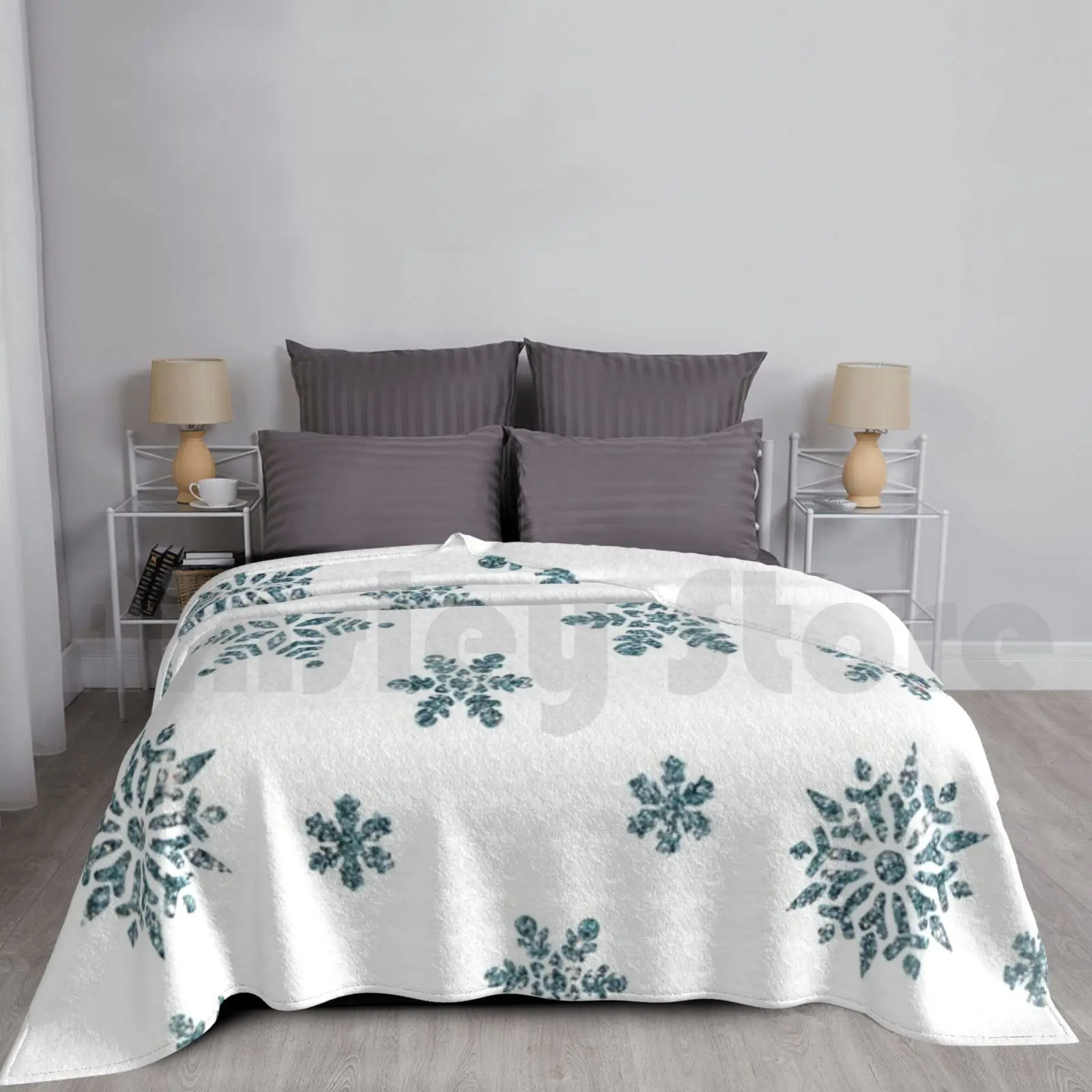 

Snowflakes-Snow Blanket For Sofa Bed Travel Winter Snow Flake Blue Sparkling Flakes Year Year End Party