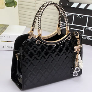 Women PU Handbag with Hanging Ornament Elegant Black Hard Design Top-handle Adjustable Strap Shoulder Bag With High Quality