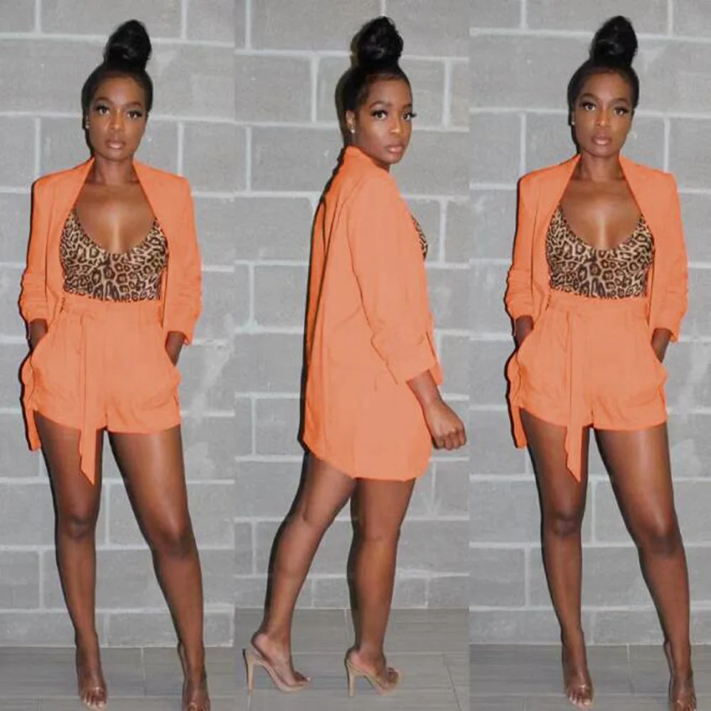 

Women Matching Sets Long Sleeve Coat With Sashes Bandage Shorts Orange 2019 Casual Business Suits Club Sexy 2 Piece Sets