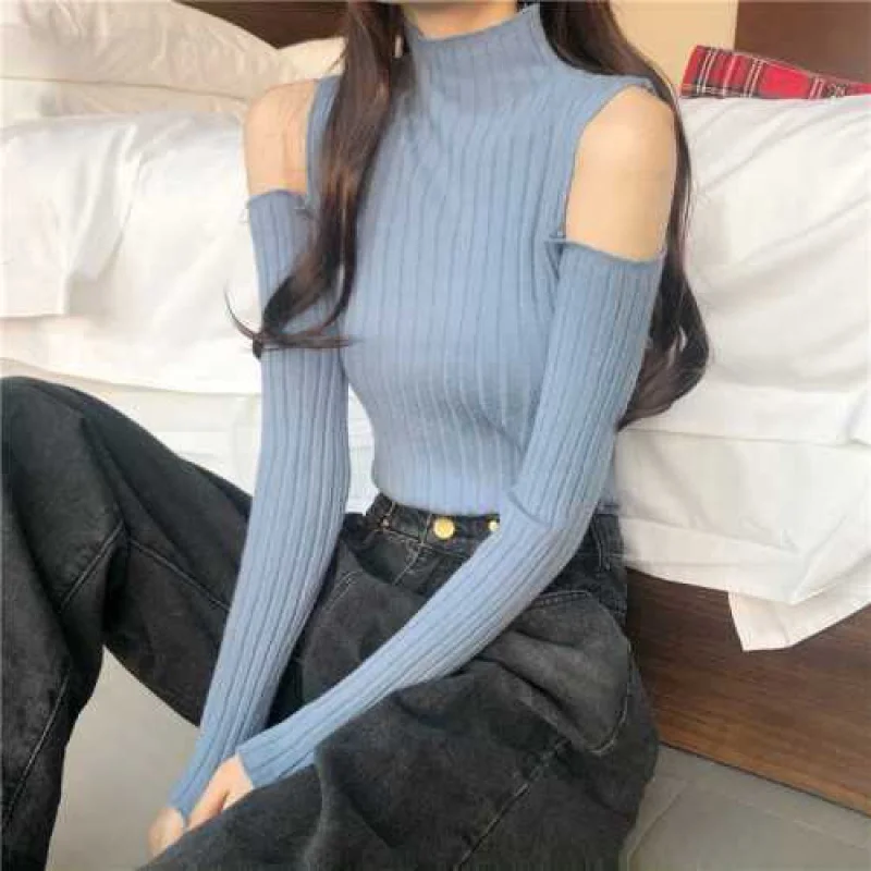 Sweater Women Turtleneck Off-shoulder sexy knit Orange short sweater 2020 Winter jumpers elegant solid Full slim pullover tops | Женская