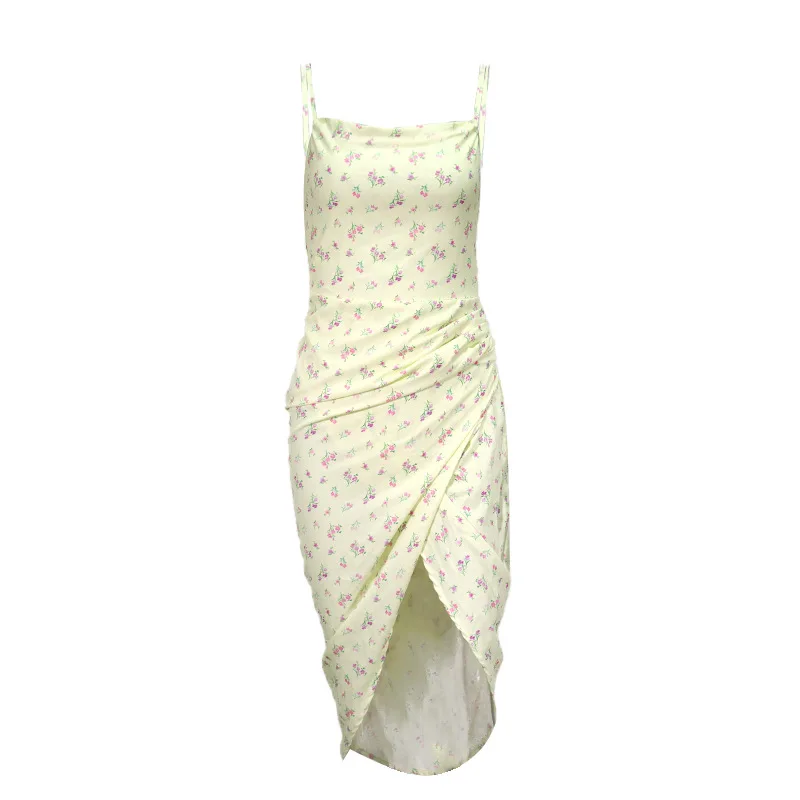 

2021 Spring New Women's Floral Pile Neck Split Suspender Skirt Dress Women