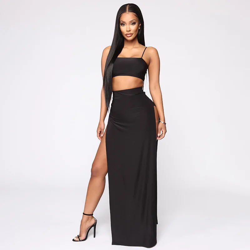 

Cryptographic Fashion Split Sexy Camis Crop Top and Skirts Two Piece Matching Set Outfits Sleeveless Backless Women's Set Summer