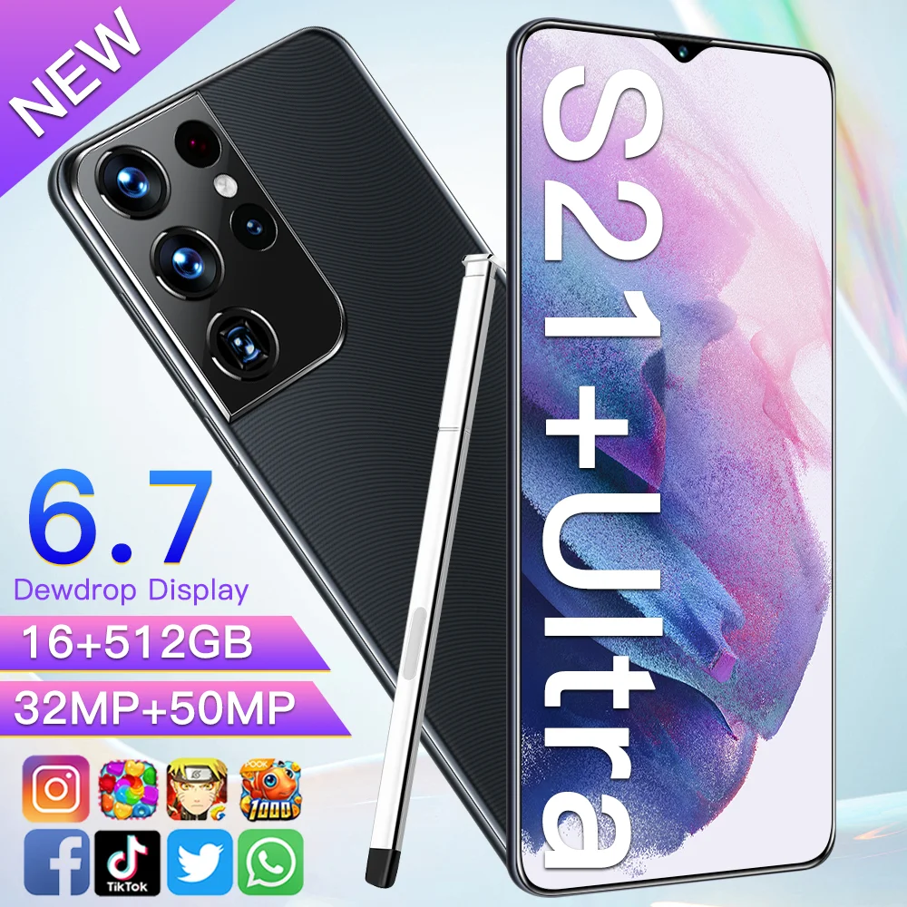 Новое поступление S21 + Ультра 6 7 дюймов 5G Android 11 мобильный телефон 16GB 512 Гб HD 32MP 50MP