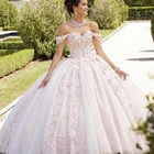 Светильник розовое Пышное Платье 2021 с открытыми плечами с аппликацией из блесток, с низким вырезом на спине платье принцессы сладкий 16 бальное платье, Vestidos De 15,