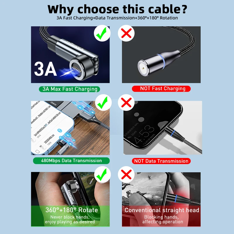 Essager 540 Rotate Magnetic Cable 3A Fast Charging Micro USB Type C Cable For iPhone Xiaomi Magnet Charger Phone Data Wire Cord