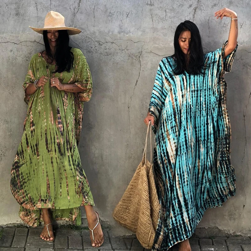 

2021 Bohemian Striped Print Women Beach Dress Bathing Suit Cover Up Summer Tunic For Woman Beachwear Robe de plage Kaftan Q1218