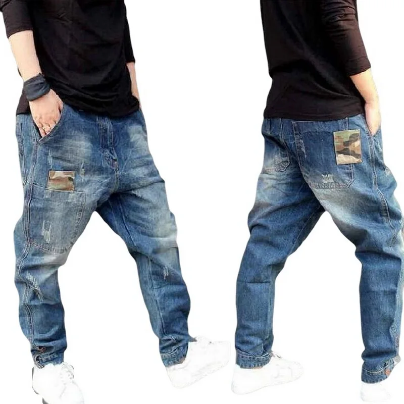 Men Loose Baggy Jeans Street Style Harem Denim Pants Splicing Denim Pants Hip Hop Harem Jeans
