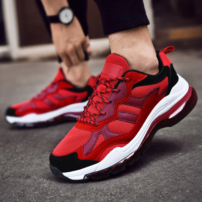 Мужские кроссовки для бега на воздушной подушке уличные черные Красные дышащая