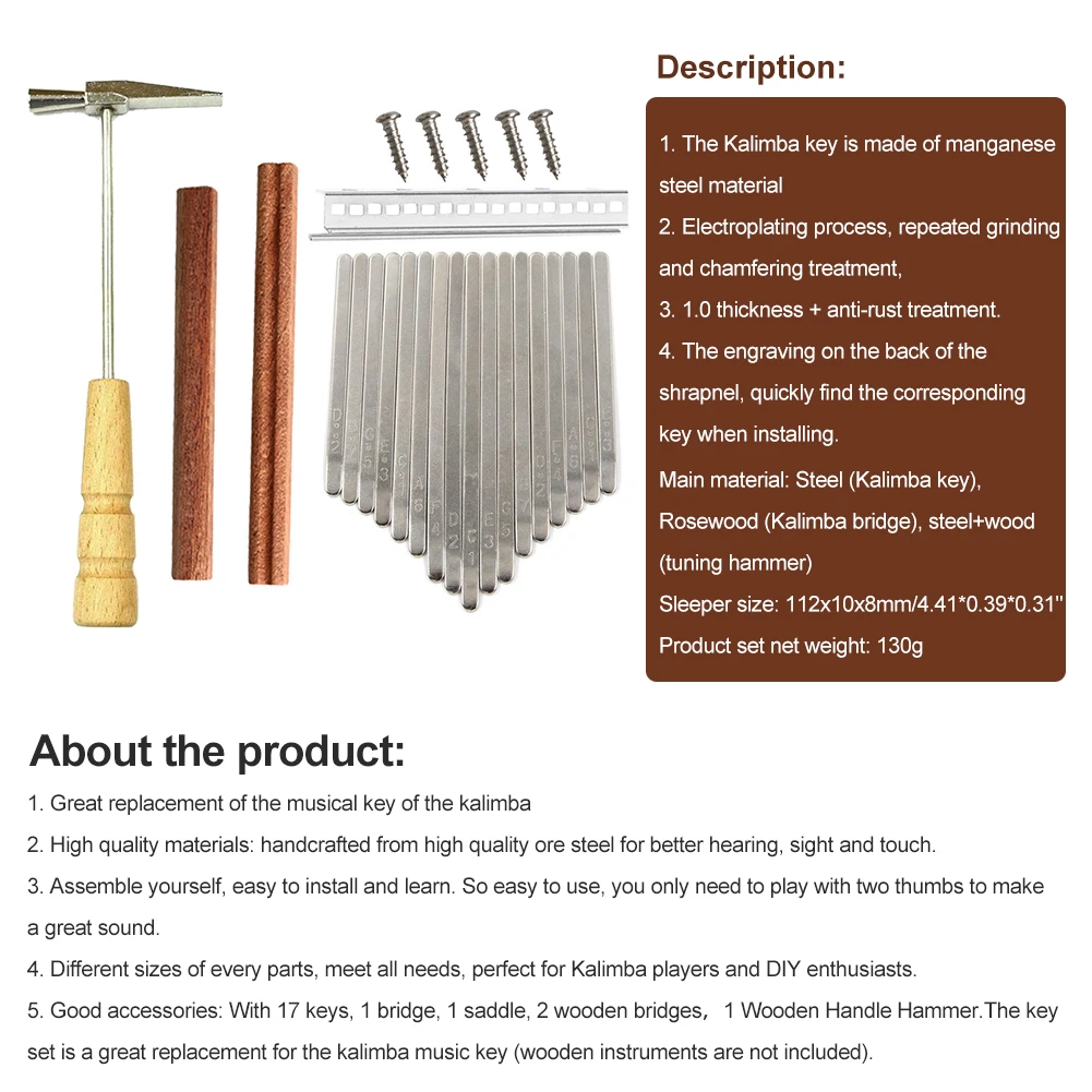 

17 Keys Kalimba DIY Parts Key Thumb Piano Bridge Tuning Hammer Kit Accessories for Music Lovers Playing Accessory