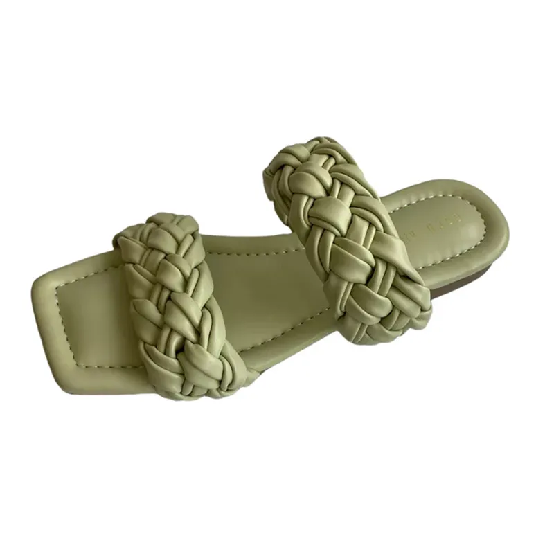

2021 Summer New Square Toe Fashion Woven Twist Braid Double Belt Sandals
