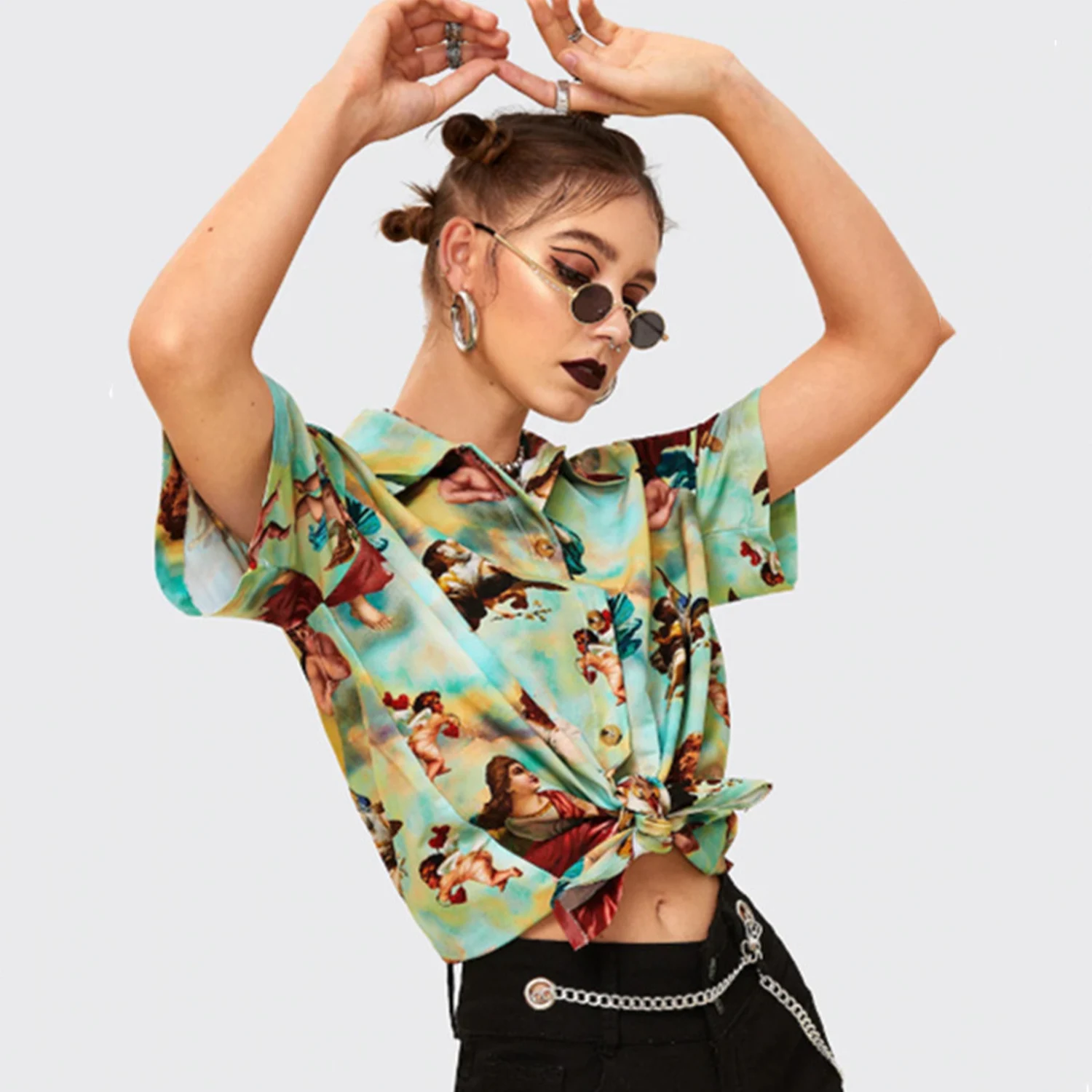 Aelfric 2020 Spring Summer Personalized Street Shooting Trendy Flower Shirt Loose Design Women Hip-hop Angel Short Sleeve | Женская