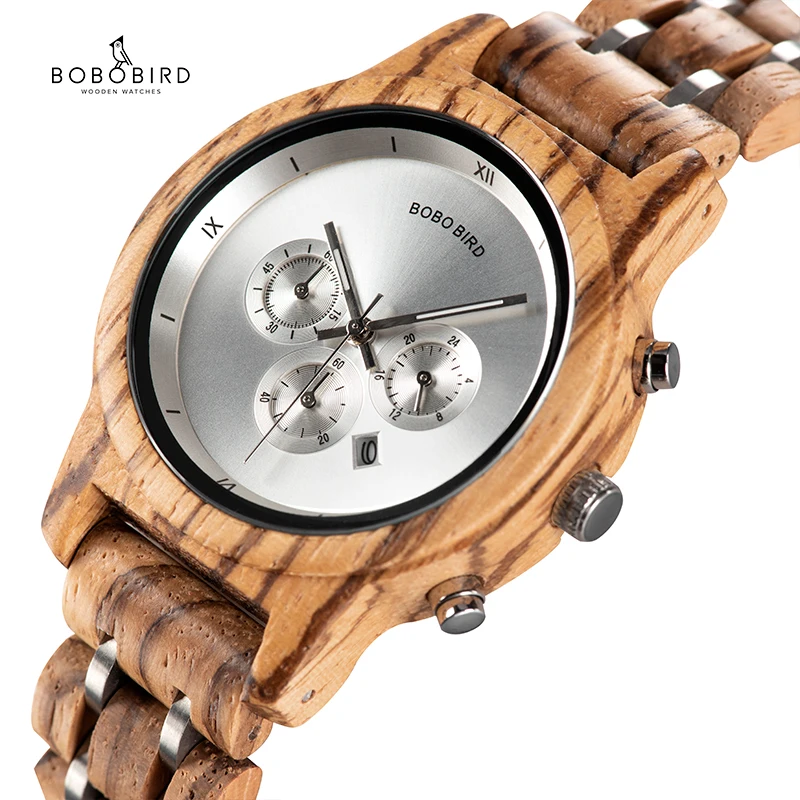 

Кварцевые часы BOBOBIRD с хронографом, деревянные часы для пары, наручные часы ручной работы с календарем в деревянной подарочной коробке