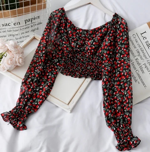 Женская шифоновая блуза с цветочным принтом винтажная рубашка квадратным