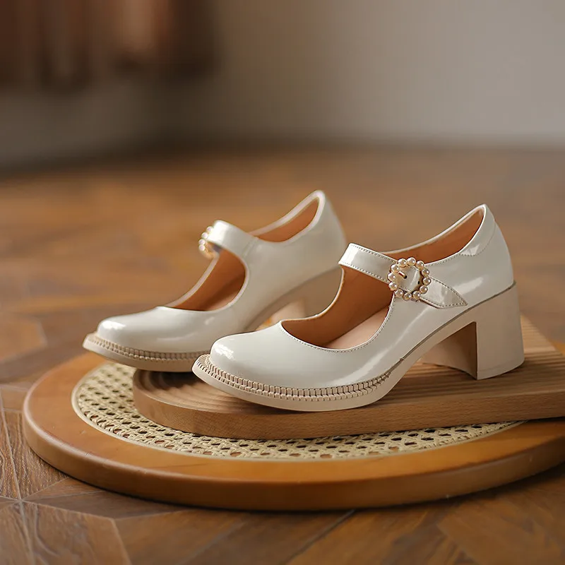 

Asumer 2021 Big Size 42 Single Shoes Women Pumps Genuine Leather Shoes Round Toe Buckle Pearl High Heels Mary Jane Shoes Woman
