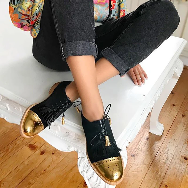 

2021 British Oxford Shoes Woman Lace-up Carving Pointed Toe Slip on Creepers Leather Shoes Women Flats Office Party Shoes