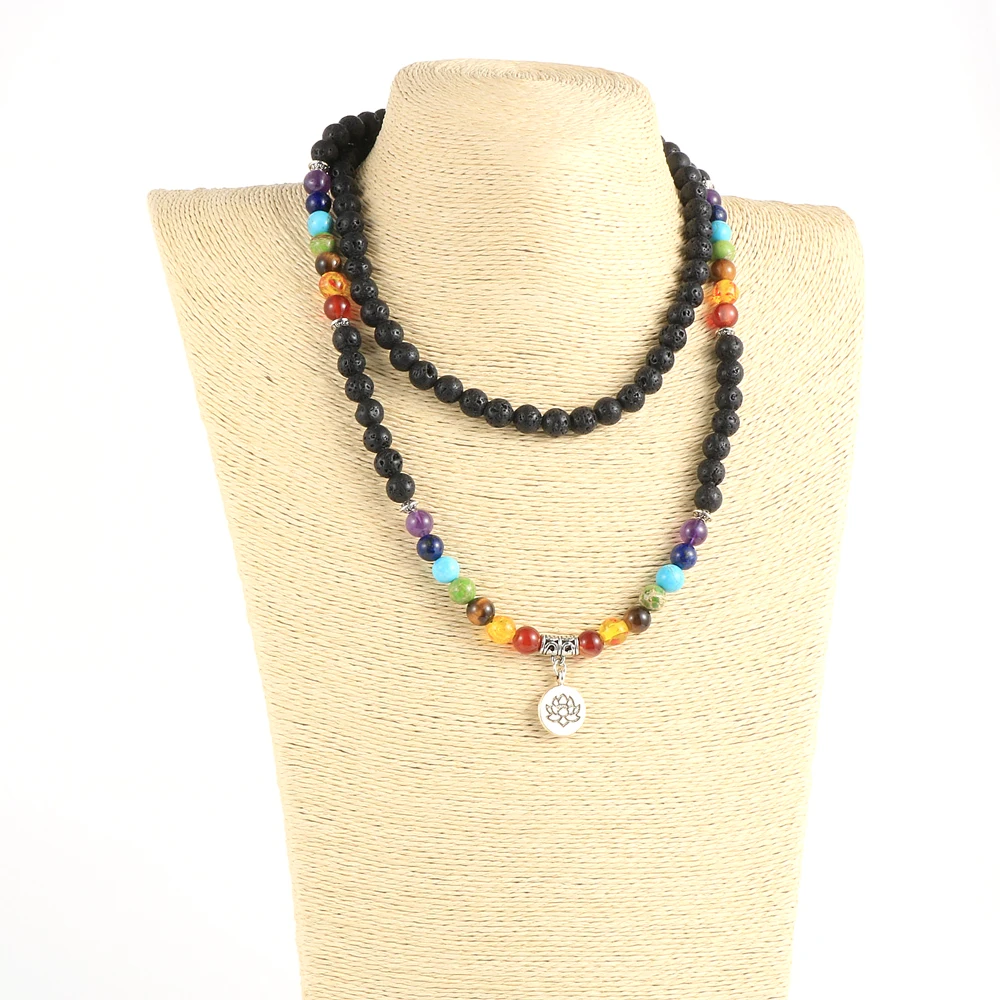 Women Men Natural Stone 7 Chakras 8mm Beads Necklace 108 Male Beaded Stand Yoga Healing Reiki Lotus OM Buddha Charm Jewelry | Украшения и