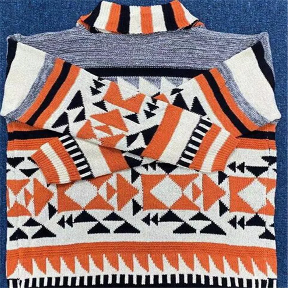 

European American Autumn Winter Hot Style Men's Casual Jacquard Cardigan Jacket Long-Sleeved Lapel Loose Knit Sweate Coat