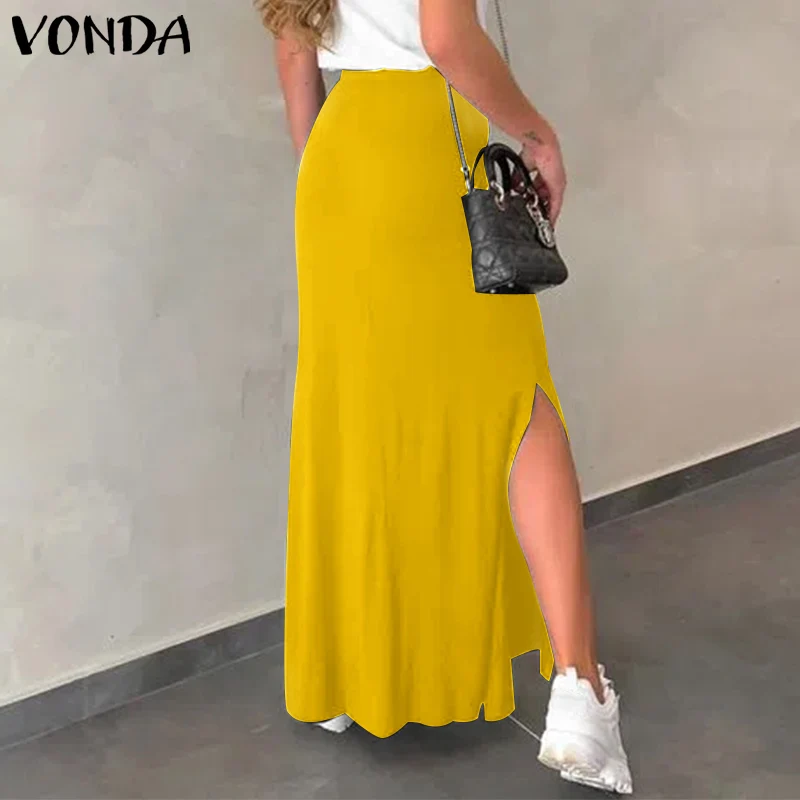 

Women Elegant Skirts VONDA 2022 Vintage High Waist Side Slit A-line Skirt Casual Loose Long Skirts Faldas De Mujer Oversized